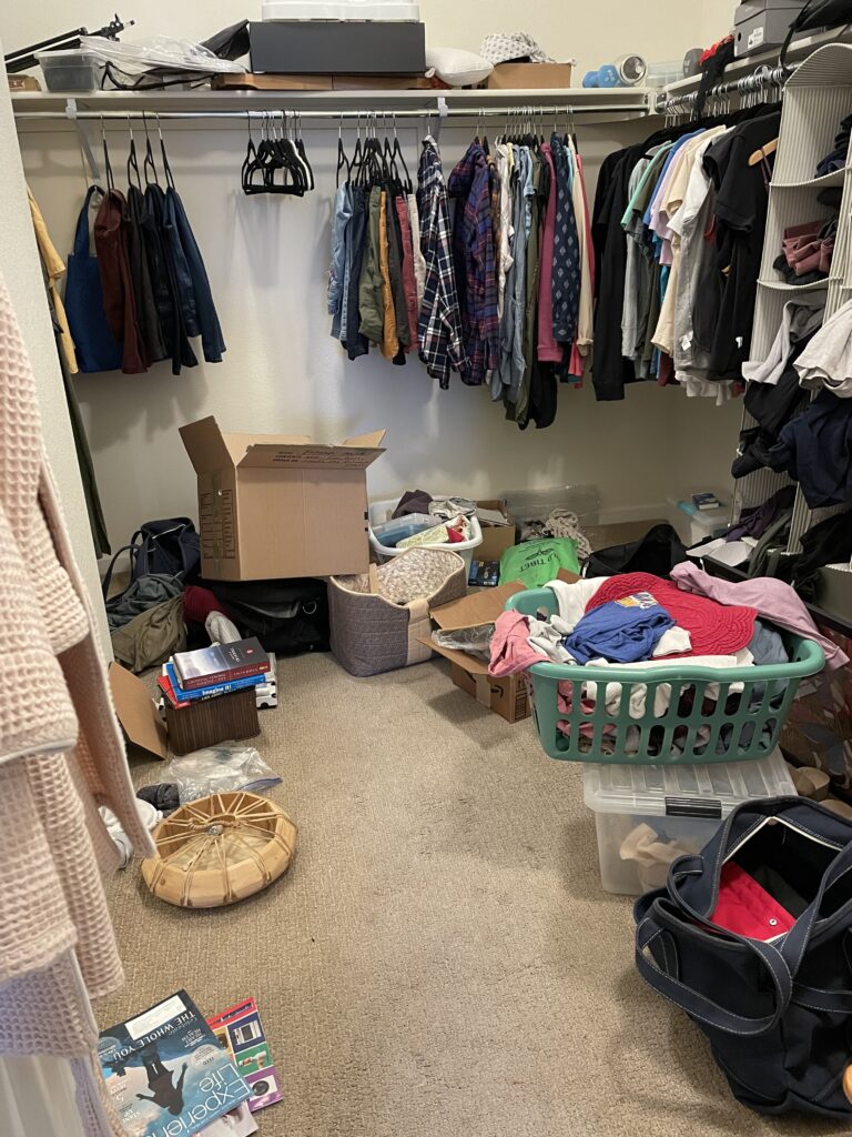 My cluttered closet feels like a cyclone has hit is.